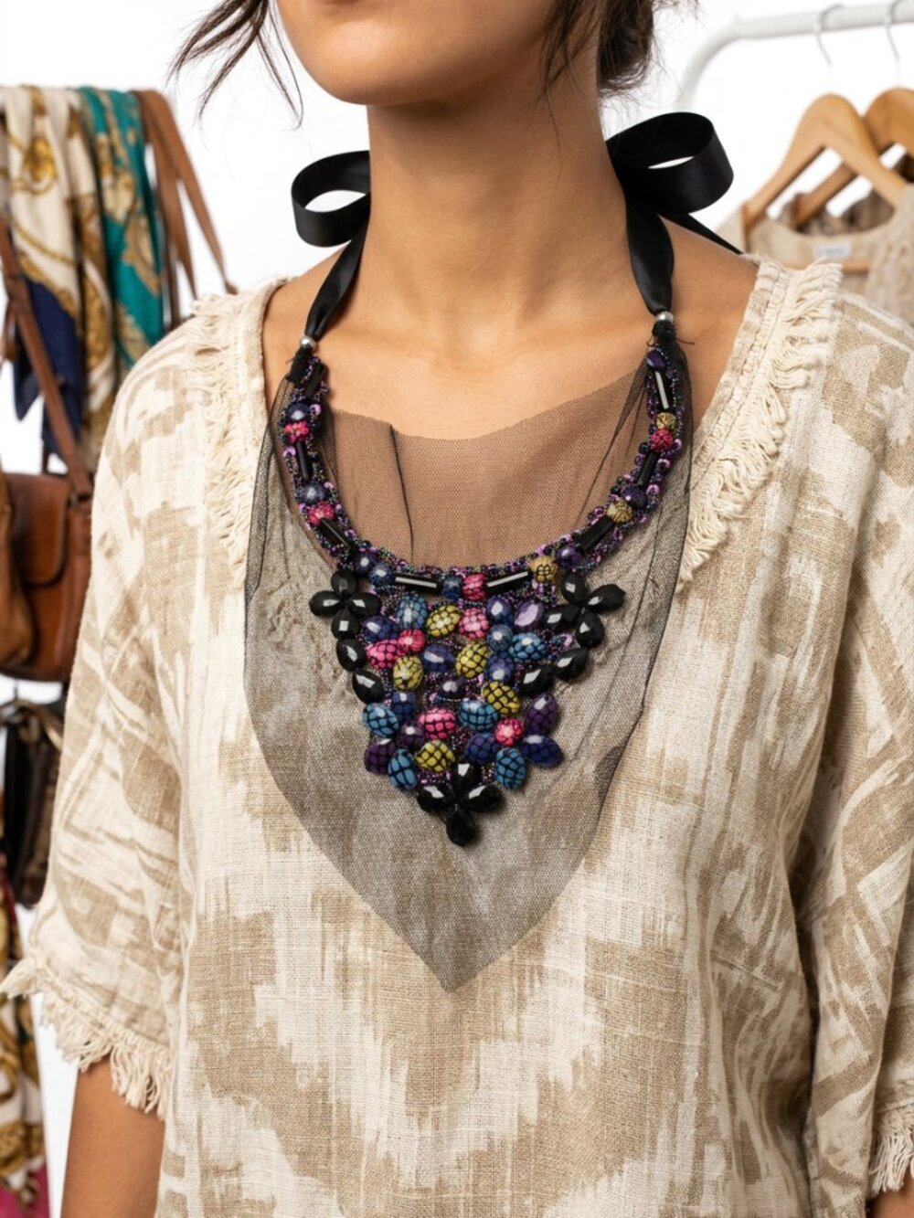 NEW Women Black Fabric Mesh Colorful Beaded Bib Tie Boho Artsy Necklace WN42